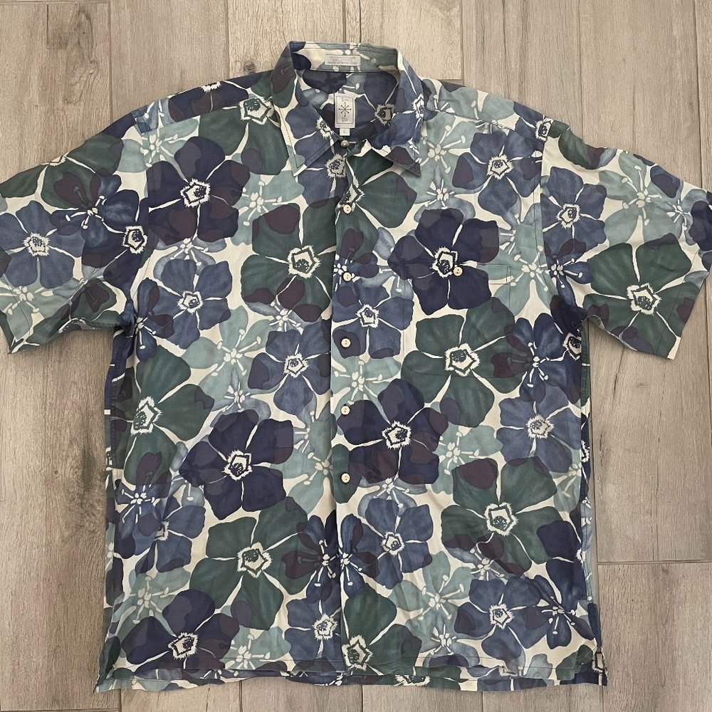 Hawaiian Camp Shirt Blue Flowers Button Up Hawaii